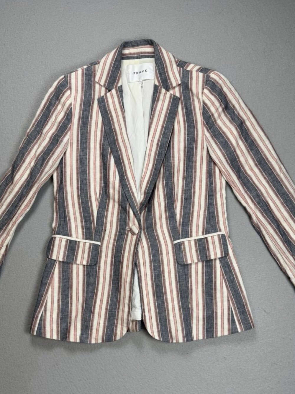 Frame Classic Vertical Striped 100% Linen Blazer Jacket Red/Blue Size 4